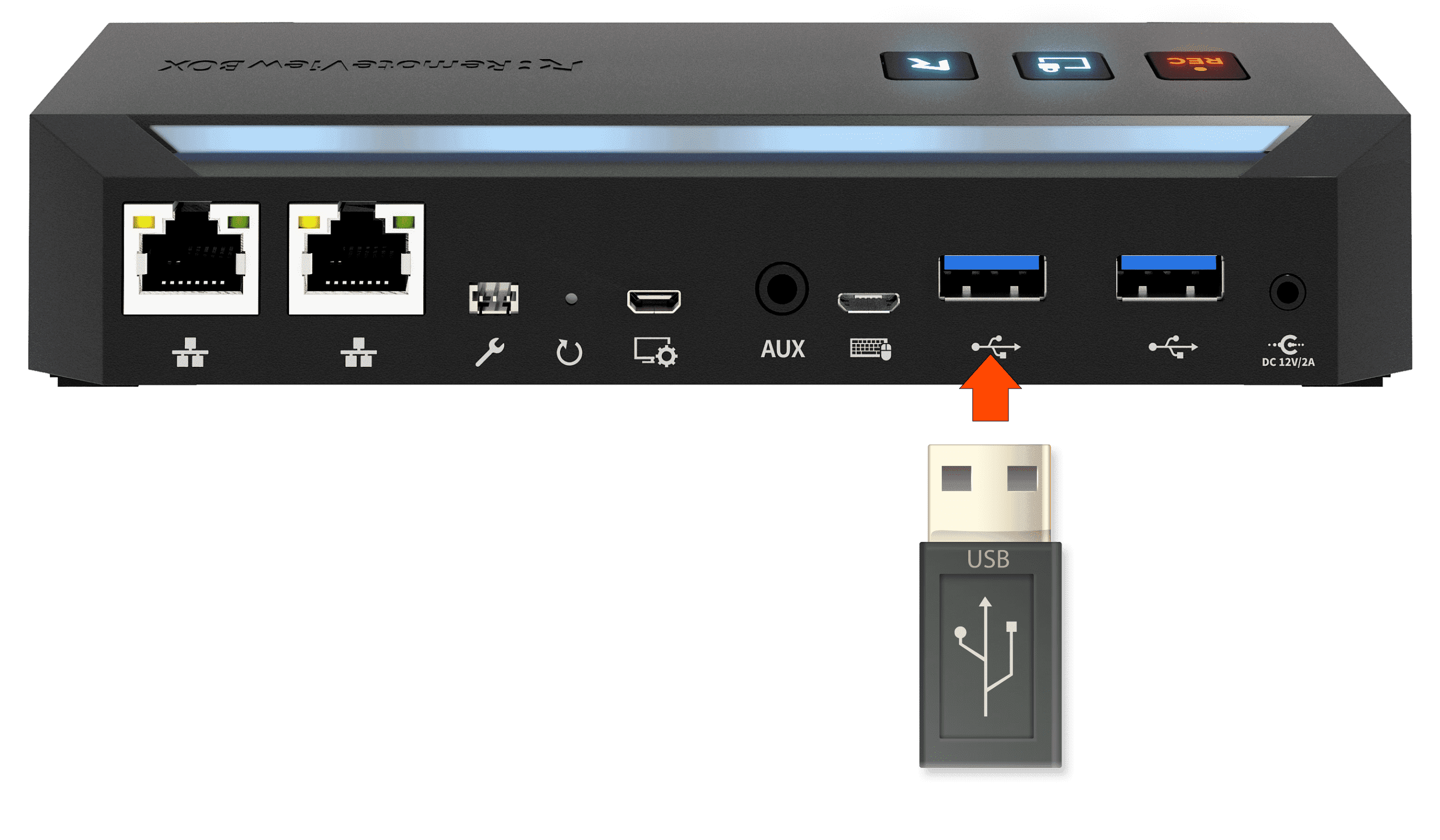 텍스트 파일이 저장된 USB를 아래 그림과 같이 리모트뷰박스 빈 단자에 연결해 주세요. 
